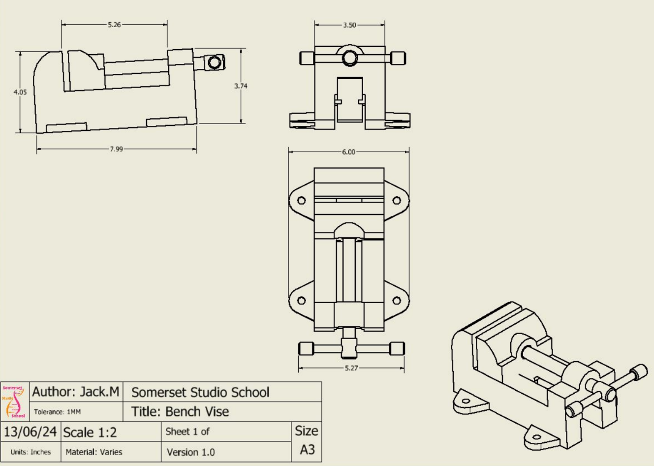 Bench vice multi-view technical drawing